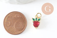 Pendentif fraise doré 18K zircons,pendentif fruit création bijoux, pendentif doré, 13mm, x1 (G4275)