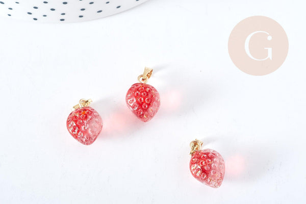 Pendentif fraise fruit rouge laiton doré 18mm,pendentif fruit verre,15-19mm, x1 (G8488)