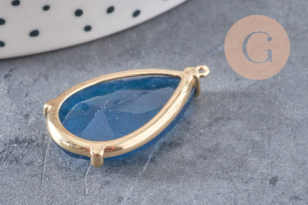 Pendentif goutte agate naturelle bleu support laiton doré 32mm, x1 (G2040)
