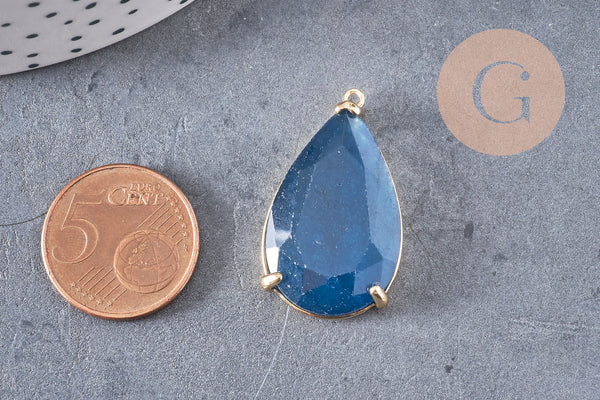 Pendentif goutte agate naturelle bleu support laiton doré 32mm, x1 (G2040)