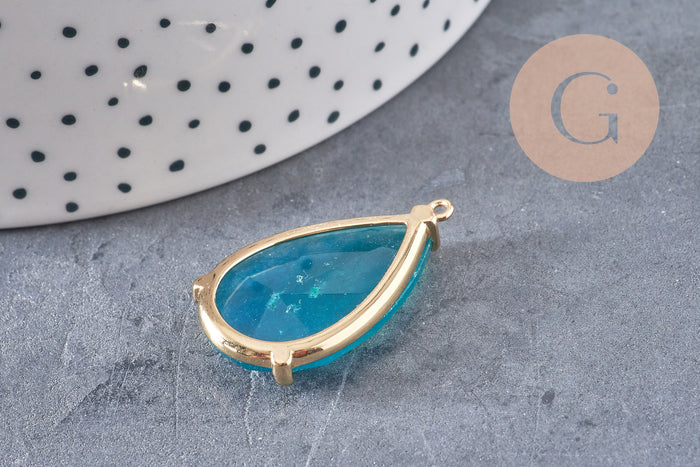 Pendentif goutte agate naturelle bleue support doré 32mm, x1 (G2435)