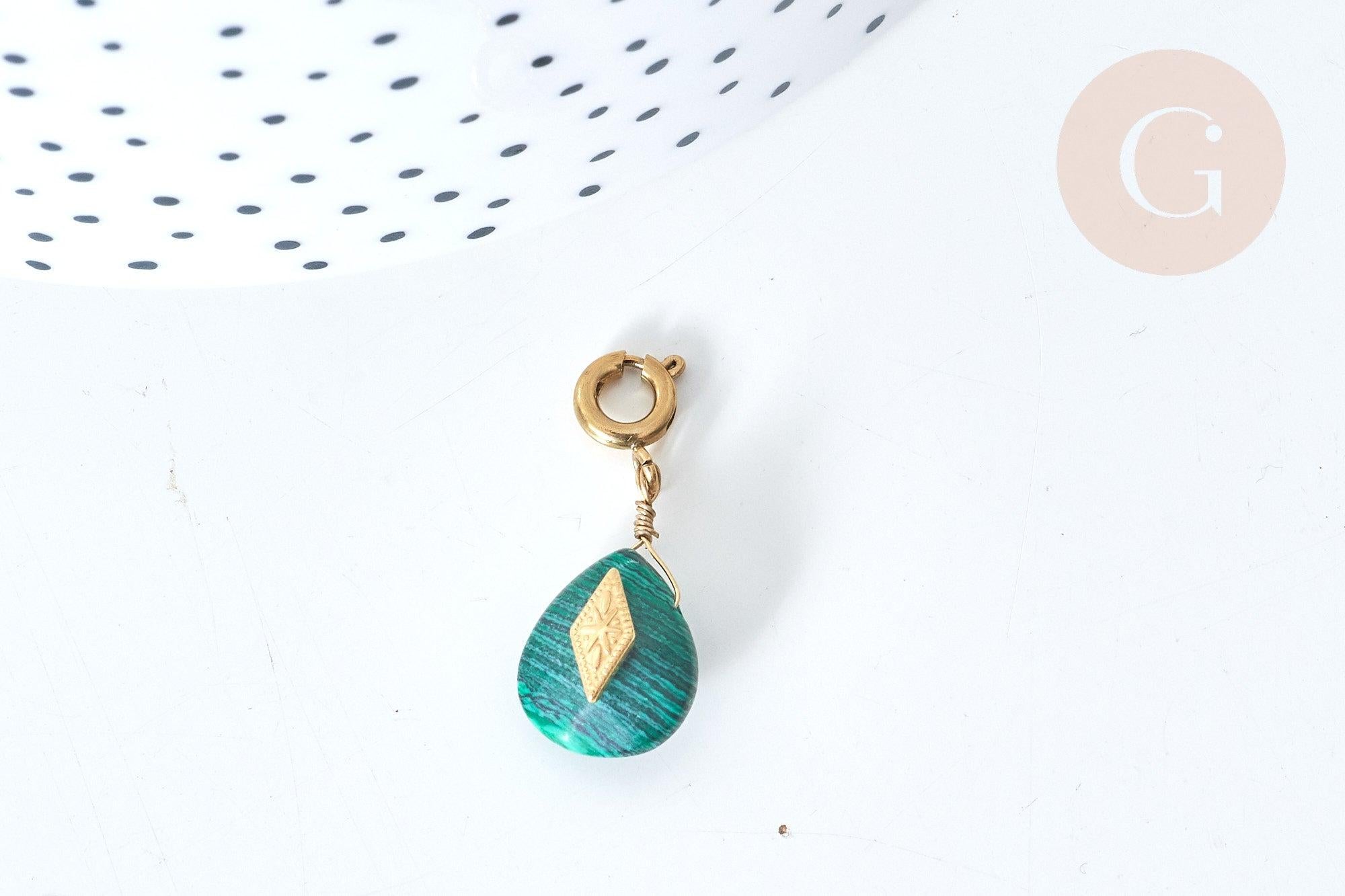 Pendentif goutte amulette imitation malachite acier inoxydable doré 21mm, pendentif pierre naturelle, x1 (G7628)