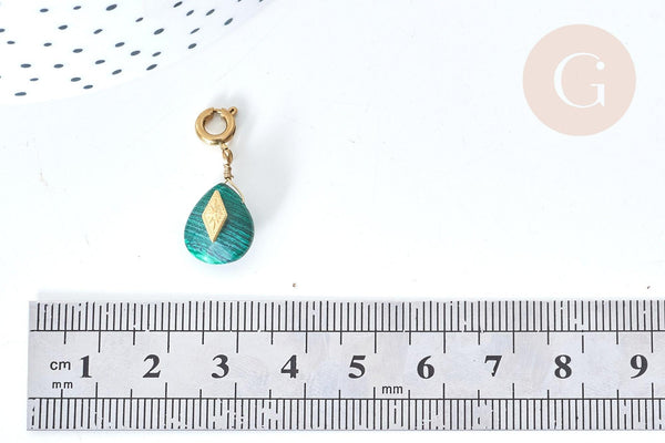 Pendentif goutte amulette imitation malachite acier inoxydable doré 21mm, pendentif pierre naturelle, x1 (G7628)