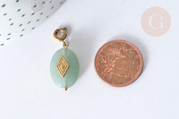 Pendentif goutte amulette losange aventurine naturelle acier inoxydable doré 29mm, x1 (G7626)