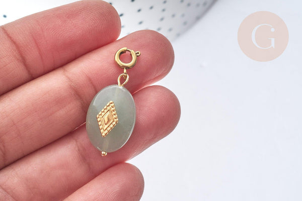 Pendentif goutte amulette losange aventurine naturelle acier inoxydable doré 29mm, x1 (G7626)