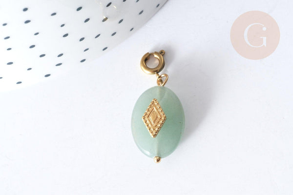 Pendentif goutte amulette losange aventurine naturelle acier inoxydable doré 29mm, x1 (G7626)