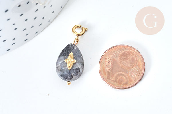 Pendentif goutte amulette, pierre labradorite naturelle, acier inoxydable doré, 27mm, x1 (G7629)