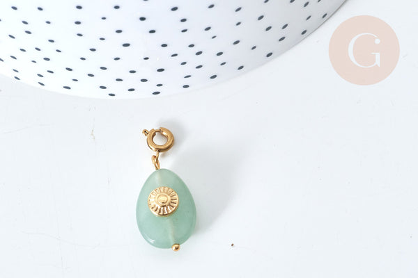 Pendentif goutte amulette soleil aventurine naturelle acier inoxydable doré 29mm, pendentif pierre naturelle, x1 (G7627)