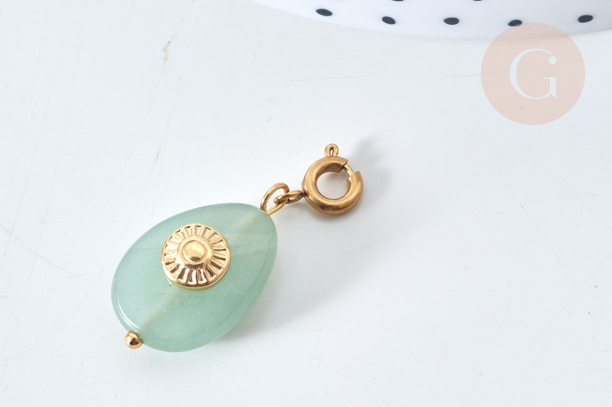 Pendentif goutte amulette soleil aventurine naturelle acier inoxydable doré 29mm, pendentif pierre naturelle, x1 (G7627)