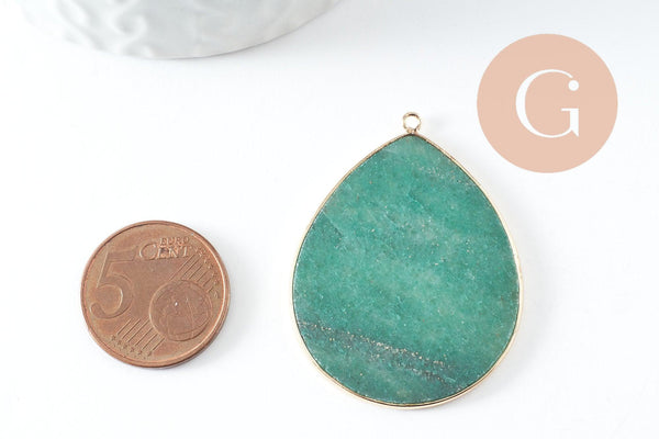 Pendentif goutte aventurine verte naturelle laiton doré 44mm, x1 (G9837)