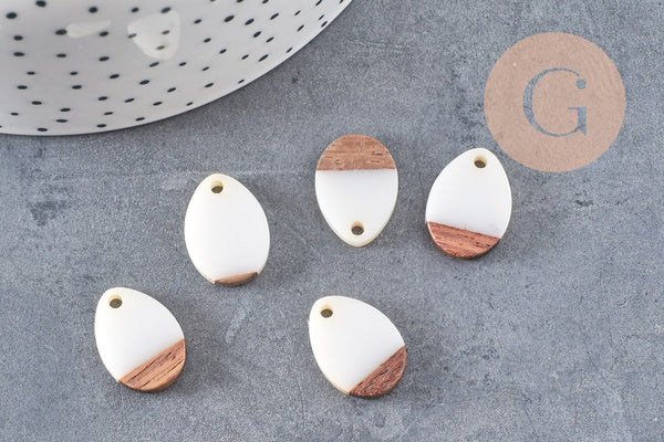 Pendentif goutte bois résine blanche 17.5mm, x5 (G1803)