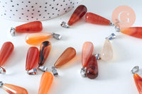 Pendentif goutte cornaline naturelle roulée acier platine 30mm, x1 (G6169)