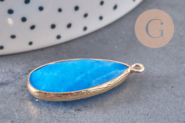 Pendentif goutte jade bleu doré, pendentif jade, pendentif pierre,jade naturel, jade teinté bleu,33mm, x1 G5224