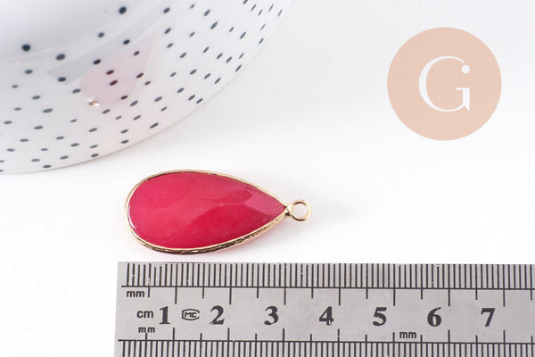 Pendentif goutte jade naturel rouge doré 33mm, x1 (G10109)