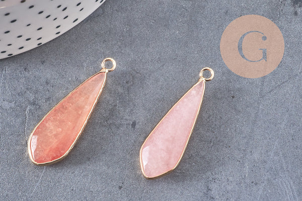 Pendentif goutte jade rose facettes doré 31mm, x1 (G1774)