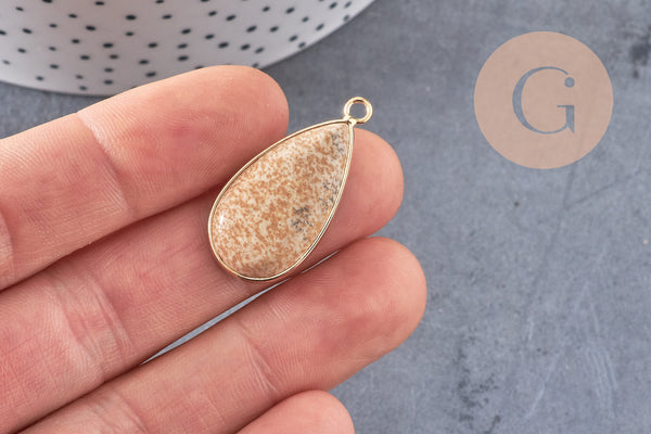 Pendentif goutte jaspe paysage naturel laiton doré 33mm, x1 (G5164)