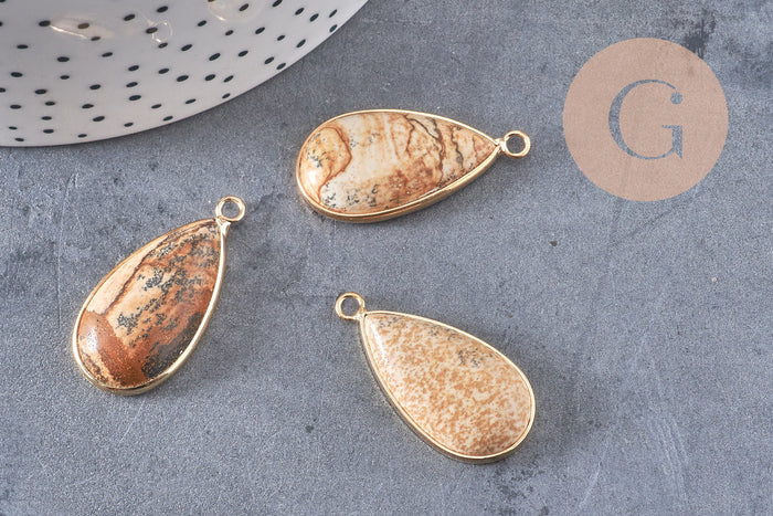Pendentif goutte jaspe paysage naturel laiton doré 33mm, x1 (G5164)