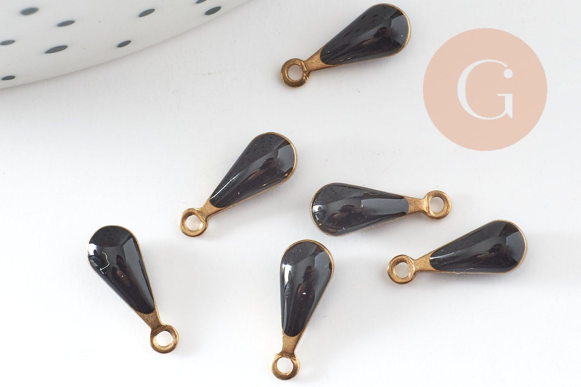 Pendentif goutte laiton brut émail noir, laiton doré, pendentif goutte, 11mm, x10 G0807