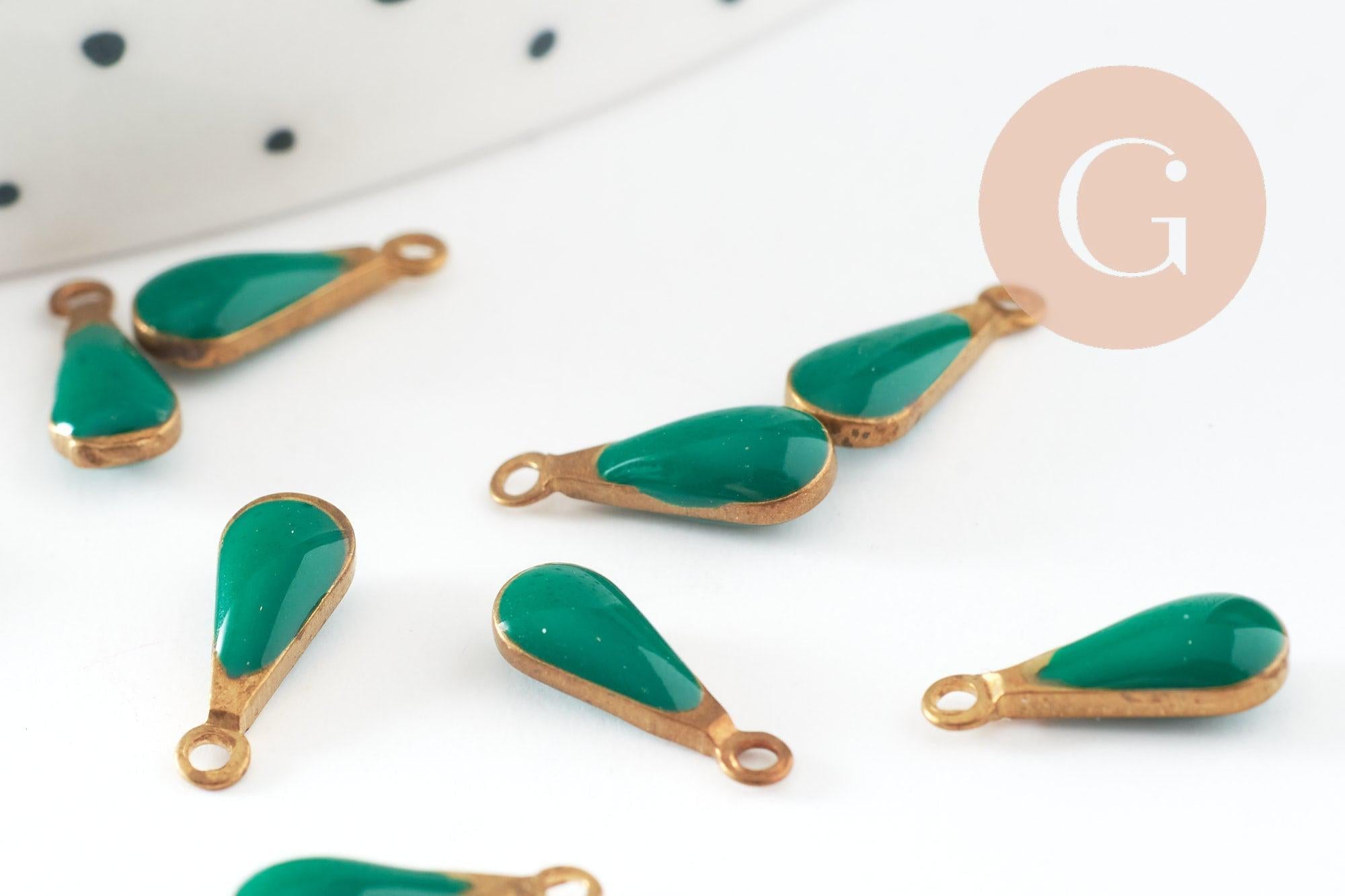 Pendentif goutte laiton brut émail vert, fournitures créatives, laiton doré, pendentif goutte,11mm, x10 G0809
