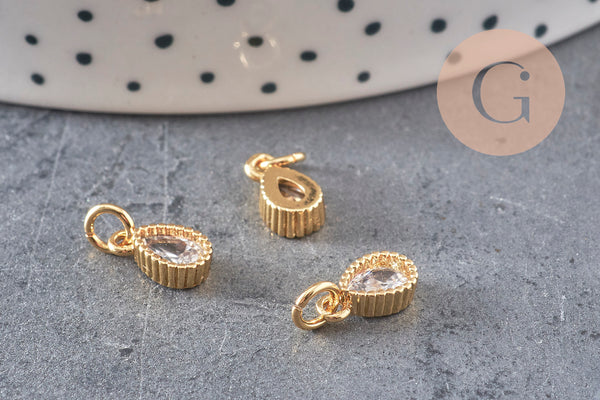 Pendentif goutte laiton doré zircon blanc 10mm,pendentif doré cristal, création bijoux x1 (G9673)