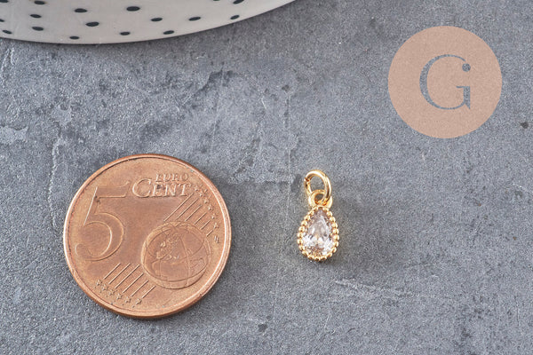 Pendentif goutte laiton doré zircon blanc 10mm,pendentif doré cristal, création bijoux x1 (G9673)