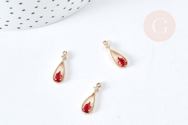 Pendentif goutte laiton doré zircon cristal rouge 17.5mm, x1 (G8435)