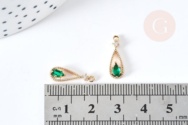 Pendentif goutte laiton doré zircon cristal vert 17,5mm, pendentif création bijoux, x1 G8436