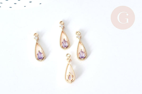 Pendentif goutte laiton doré zircon violet 17,5mm, pendentif création bijoux, x1 G8545