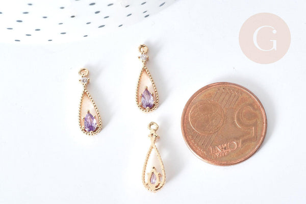 Pendentif goutte laiton doré zircon violet 17,5mm, pendentif création bijoux, x1 G8545