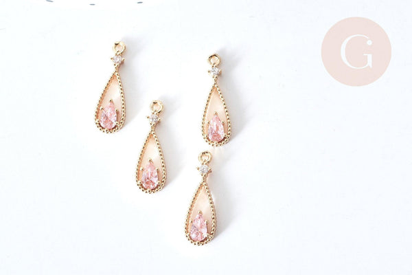 Pendentif goutte laiton doré zircons rose clair 17,5mm, pendentif création bijoux, x1 G8084