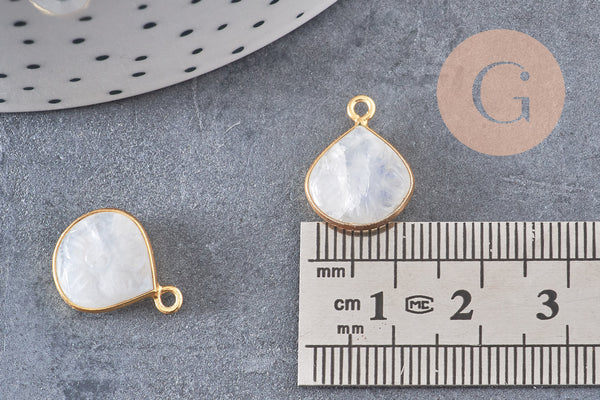 Pendentif goutte pierre de lune naturelle scuptée argent 925 doré 18K 14mm, x1 (G10841)