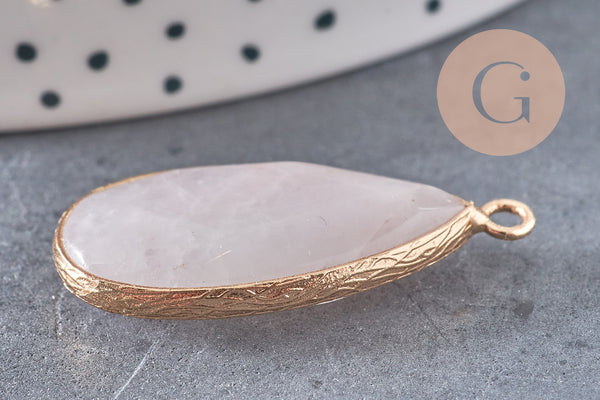 Pendentif goutte quartz rose naturel laiton doré 33mm, x1 (G3620)
