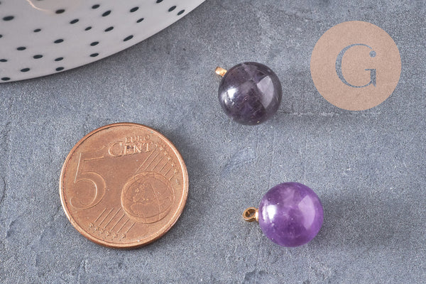 Pendentif goutte rond améthyste violette, support doré, création bijoux pierre naturelle, pendentif pierre naturelle, 14mm, x1, G4489