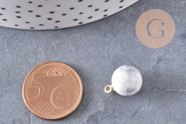 Pendentif goutte rond howlite naturelle, support doré, pendentif pierre naturelle, 14mm, x1 (G4703)
