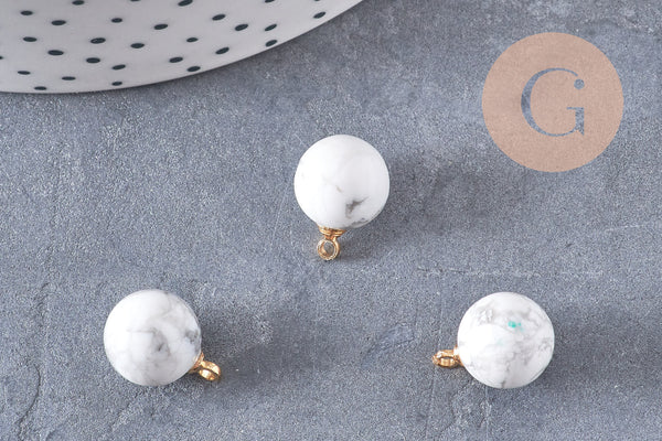 Pendentif goutte rond howlite naturelle, support doré, pendentif pierre naturelle, 14mm, x1 (G4703)