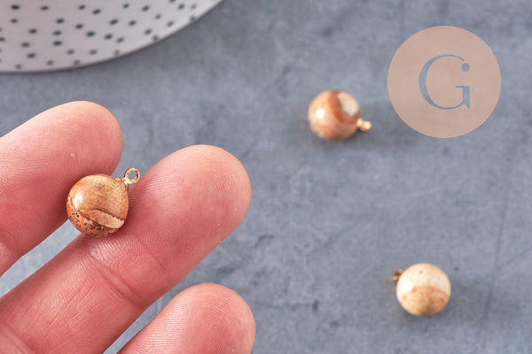 Pendentif goutte rond jaspe paysage naturel, support doré, création bijoux pierre naturelle, 14mm, x1 (G4487)