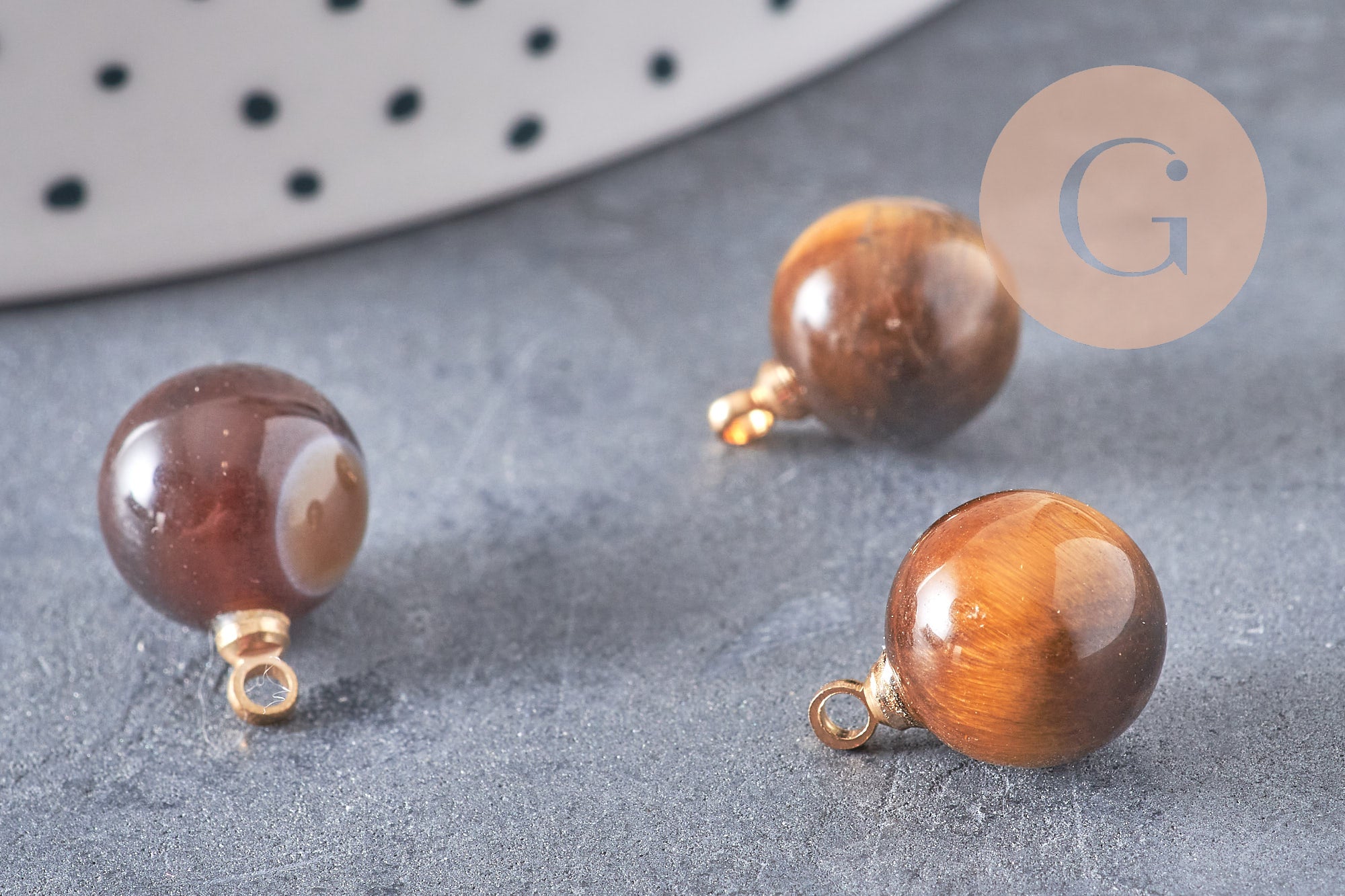 Pendentif goutte rond oeil de tigre naturel, support doré, création bijoux pierre naturelle, pendentif pierre naturelle, 14mm, x1, G4565