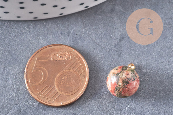 Pendentif goutte rond unakite, support doré, création bijoux pierre naturelle, pendentif pierre naturelle, 14mm, x1, G4560