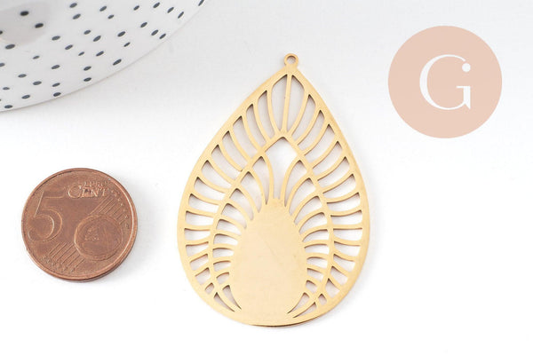 Pendentif goutte soleil acier 201 inoxydable dore 52mm ,breloque acier inoxydable doré filigrane sans nickel pour création bijoux, x1 G6119