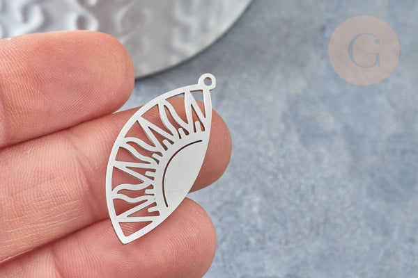 Pendentif goutte soleil argenté acier inoxydable 35mm, création bijoux acier inoxydable platine, x1 G7667