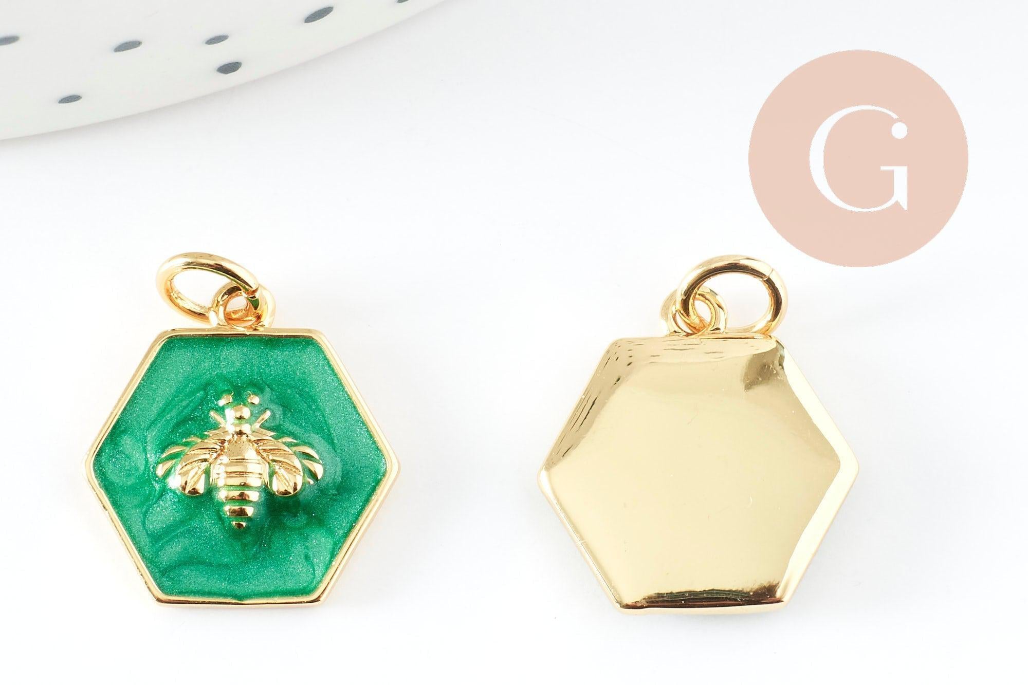 Pendentif hexagone abeille zamac doré résine verte 15mm, x1 (G9411)