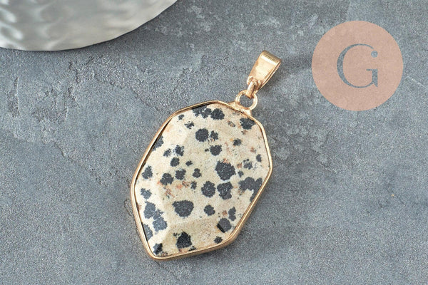 Pendentif hexagone jaspe dalmatien naturel 30mm, x1 (G1472)