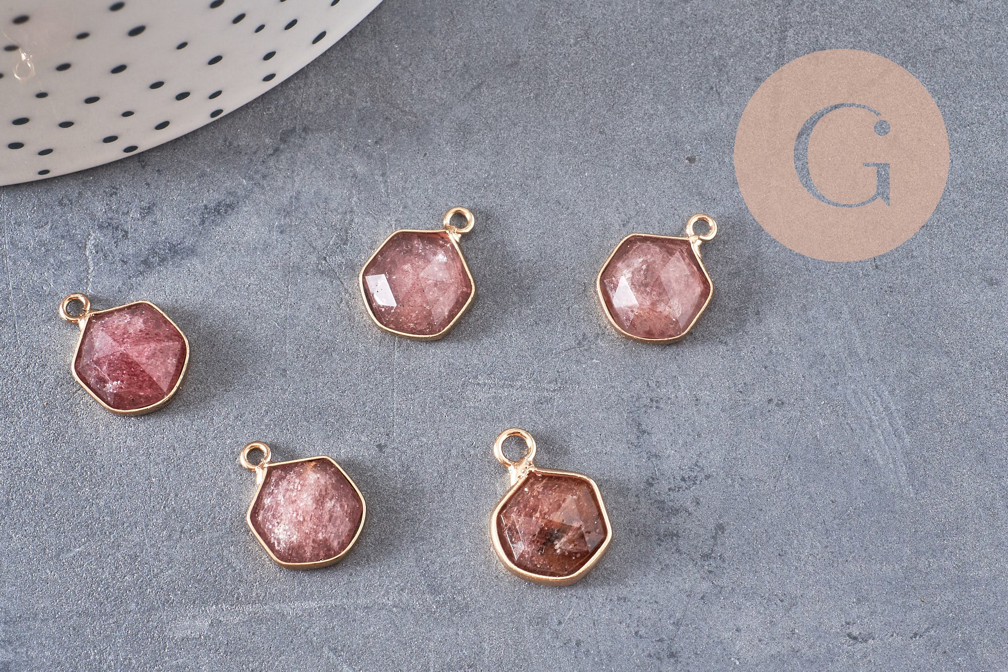 Pendentif hexagone quartz fraise 15mm,pendentif pierre,pendentif collier,pierre naturelle,pendentif quartz, quartz naturel, x1 G5629