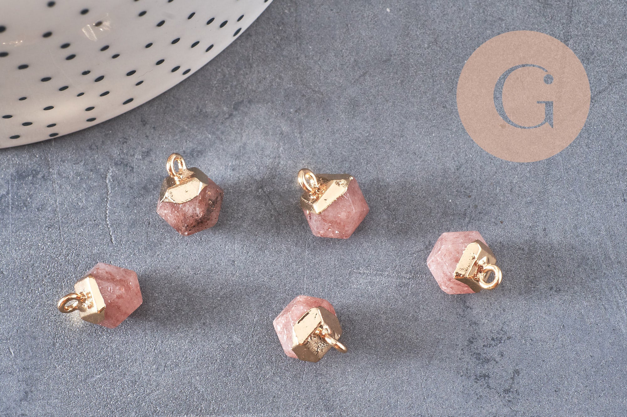 Pendentif hexagone quartz fraise,pendentif bijoux,pendentif pierre,quartz fraise naturel,pendentif quartz fraise,11mm, x1,G3157