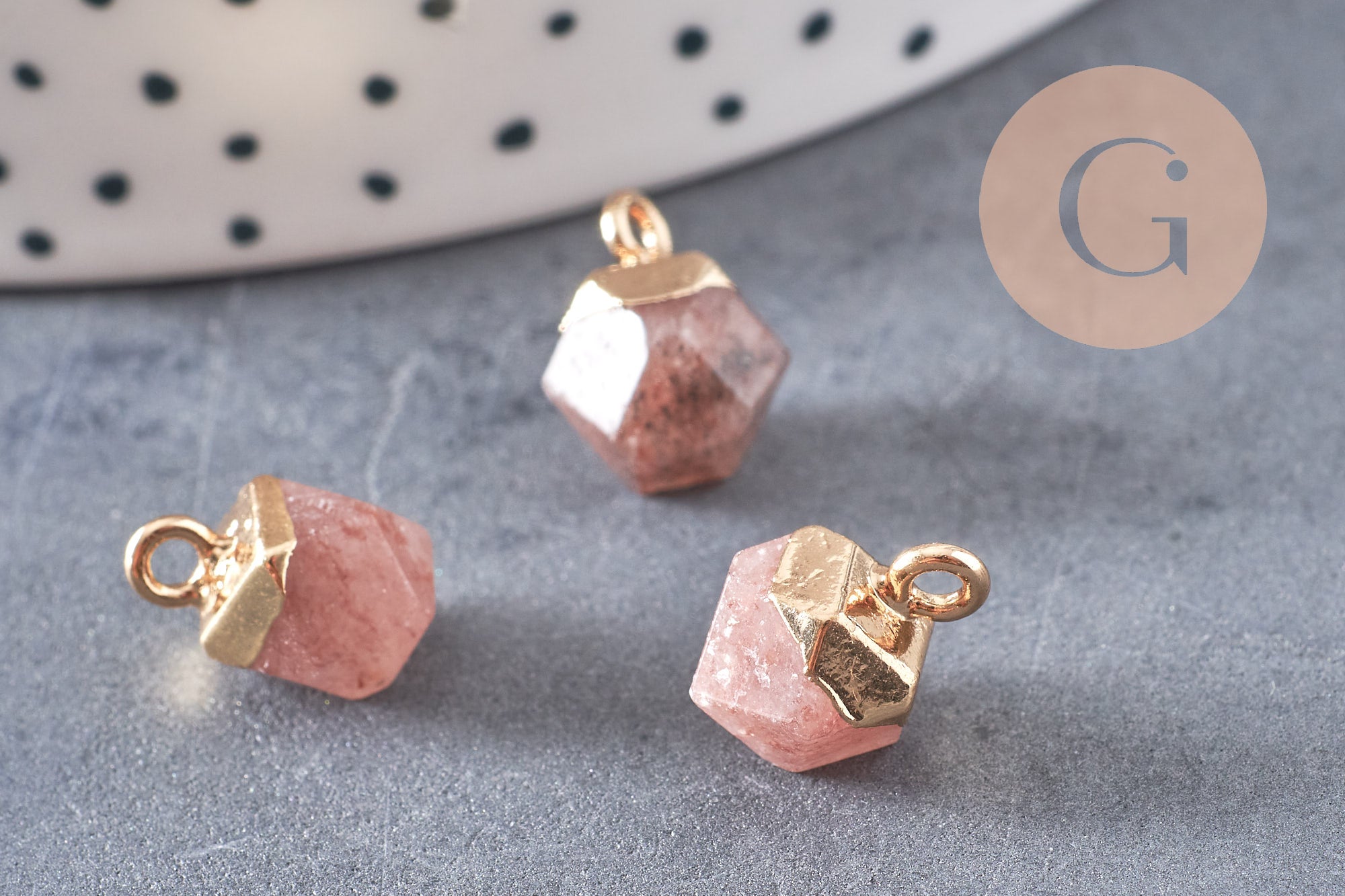Pendentif hexagone quartz fraise,pendentif bijoux,pendentif pierre,quartz fraise naturel,pendentif quartz fraise,11mm, x1,G3157