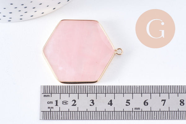 Pendentif hexagone quartz rose naturel laiton doré 45mm, x1 (G2718)