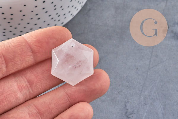 Pendentif hexagone quartz rose naturelle 45mm, x1 (G1975)