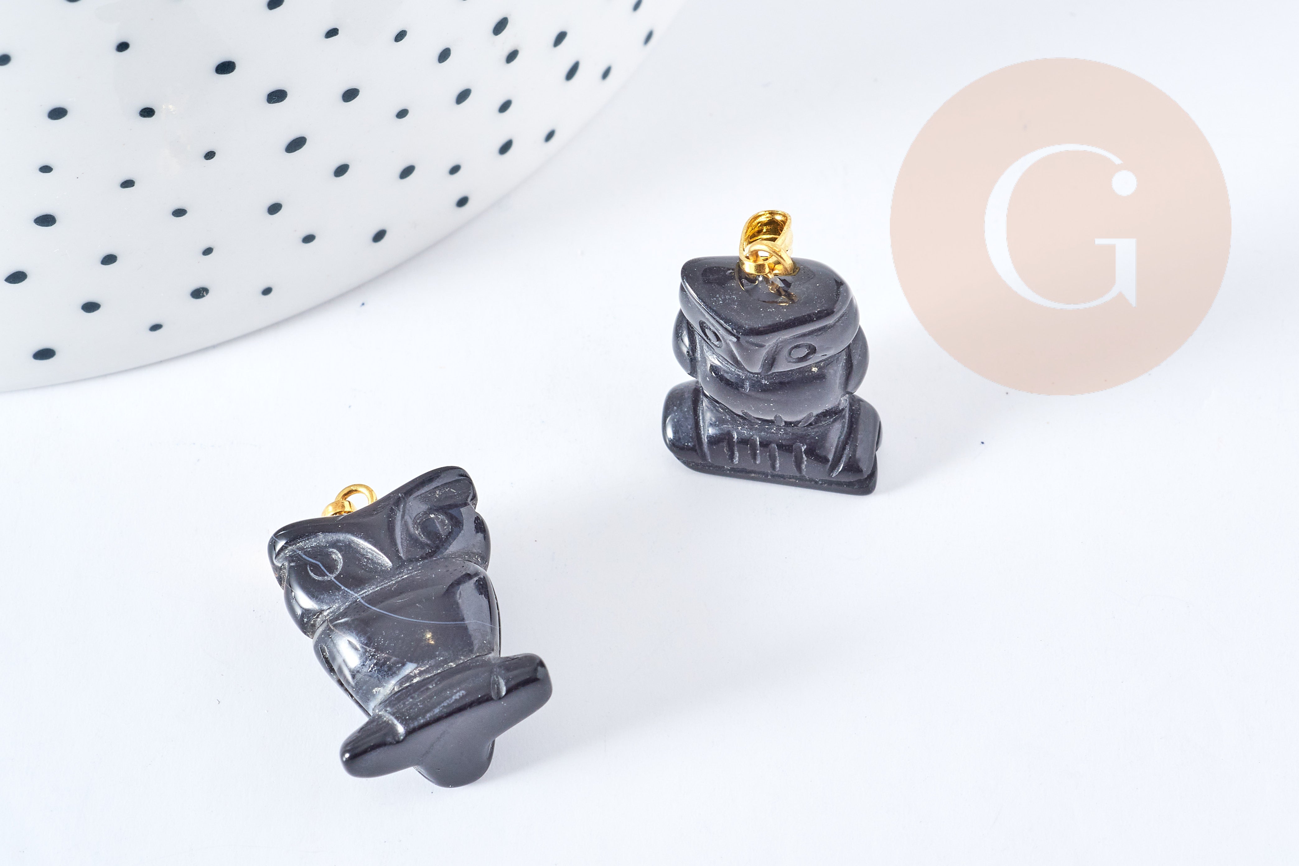 Pendentif hibou agate noir support doré 23mm, pendentif pierre création bijoux, x1, G8639