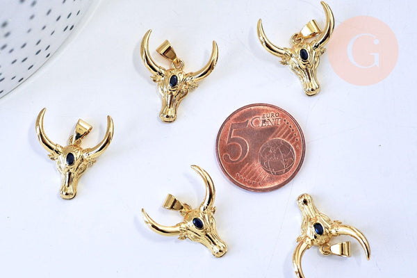 Pendentif laiton doré 16K tête de vache & zircon 21mm, bijou en laiton doré sans libération de nickel, x1 G5854