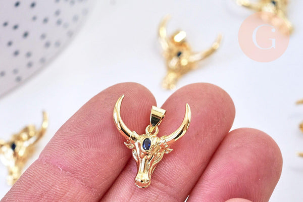 Pendentif laiton doré 16K tête de vache & zircon 21mm, bijou en laiton doré sans libération de nickel, x1 G5854